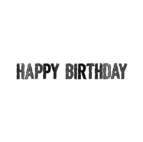 Happy Birthday Streamer - Black. This decorative streamer features "HAPPY BIRTHDAY" spelled out in glossy black cardstock letters on a white ribbon. The underside is white. Assembly required. Measures 43.5in when assembled.