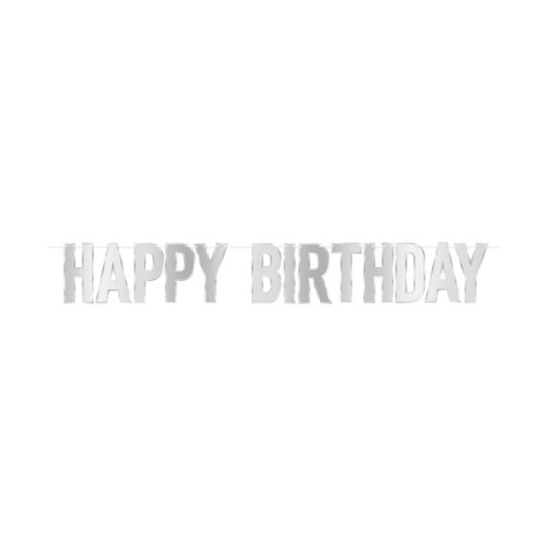 Foil Happy Birthday Streamer - Silver. This decorative streamer features "HAPPY BIRTHDAY" spelled out in shiny silver cardstock letters on a white ribbon. The underside is white. Assembly required. Measures 6in x 43.5in when assembled.