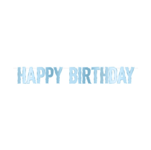 Foil Happy Birthday Streamer - Light Blue. This decorative streamer features "HAPPY BIRTHDAY" spelled out in shiny light blue cardstock letters with a matte light blue trim on a white ribbon. The underside is white. Assembly required. Measures 6in x 43.5in when assembled.