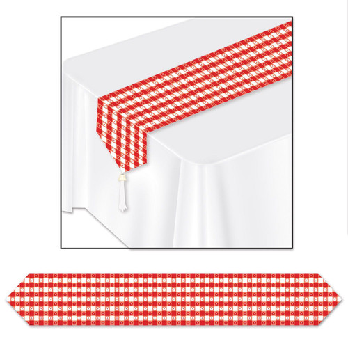 Red and White Printed Gingham Tablerunner. This printed cardstock tablerunner features red and white gingham pattern with flowers inside alternating squares, as well as white tassels on the ends. Measures 11in x 6ft.