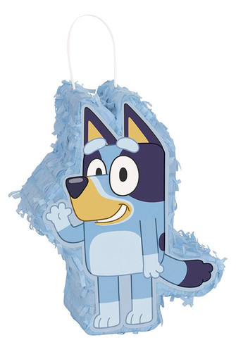 Bluey Mini Pinata Decoration. This mini decoration is covered in light blue tissue paper fringe and features a cutout of Bluey in a waving pose. A seal is available on the side to hide favors and treats. Measures 8in tall x 6in wide x 2.75in thick.