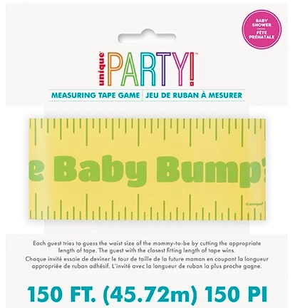 Baby Bump Measuring Tape Game. This yellow plastic measuring tape features green marker lines and repeating text that reads "How Big is the Baby Bump?" Have guests try to guess the waist size of the baby bump by cutting their own lengths of tape. The closest fitting length of tape wins! Package includes 1 count roll of tape measuring 2in x 150ft.