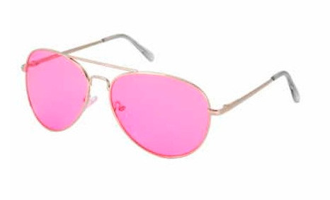 Color Lens Aviator Sunglasses - Pink. These classic metal frames feature light color lenses, available in multiple colors. Desired color not guaranteed. Blocks UVA and UVB. Package includes 1 count pair of glasses measuring about 5.5in. One size fits most.