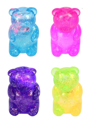 Squishy Glitter Gummy Bear Toy. Available in pink, green, blue, or purple, these adorable translucent rubber bears are super squishy and filled with sparkly glitter. Desired color not guaranteed. Package includes 1 count toy measuring about 3in x 2in.