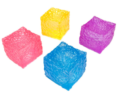 Squishy Cube Toy - Textured. Available in pink, orange, blue, or purple, these cube shaped pieces are super squishy, slow to regain its shape. They have a bumpy outer texture, and resemble ice cubes. Desired color not guaranteed. Package includes 1 count toy measuring about 2in.