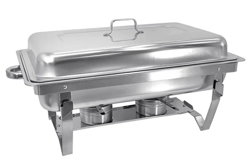 Chafing Dish Buffet Set. This stainless steel, rounded rectangular chafing dish is perfect for keeping food at a steady temperature, whether with a fuel can or ice. Set includes a lid, a food pan measuring about 20in long, a water pan about 21in long, two fuel holders, a stove chassis, and a stove stand, together measuring about 13in wide, 23.5in long with handles and 11.5in tall, 9QT capacity.