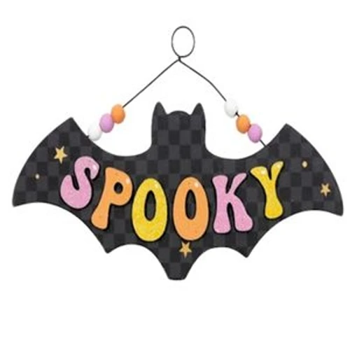 Spooky Bat with Bead Accents Wall Decor. This bat shaped sign features a subtle black checker pattern and "SPOOKY" in pink, orange, and yellow retro lettering, accented with stars. Along the bendable hanging wire are matching colorful beads. Measures 11.75in width x 4.75in height, 8.25in height with wire hanger.