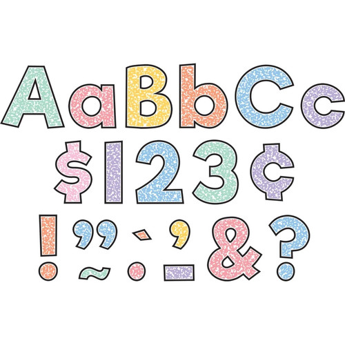 These sheets of punch out letters, numbers, and punctuation are in a colorful composition patterned font with black outlines. Package includes 274 count cutouts total, with 87 count uppercase letters, 108 count lowercase letters, 20 count numbers (0 - 9), 45 count punctuation marks, and 14 count Spanish accent marks. The largest pieces measure about 4in. Sizes will vary for each piece.