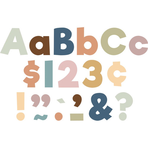 These sheets of punch out letters, numbers, and punctuation are in an easy to read font in a muted color palette. Package includes 274 count cutouts total, with 87 count uppercase letters, 108 count lowercase letters, 20 count numbers (0 - 9), 45 count punctuation marks, and 14 count Spanish accent marks. The largest pieces measure about 4in. Sizes will vary for each piece.