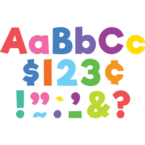 These sheets of punch out letters, numbers, and punctuation are in an easy to read font in multiple bright solid colors. Package includes 274 count cutouts total, with 87 count uppercase letters, 108 count lowercase letters, 20 count numbers (0 - 9), 45 count punctuation marks, and 14 count Spanish accent marks. The largest pieces measure about 4in. Sizes will vary for each piece.