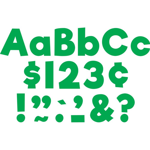 These sheets of punch out letters, numbers, and punctuation are in an easy to read font in a bright green color. Package includes 274 count cutouts total, with 87 count uppercase letters, 108 count lowercase letters, 20 count numbers (0 - 9), 45 count punctuation marks, and 14 count Spanish accent marks. The largest pieces measure about 4in. Sizes will vary for each piece.