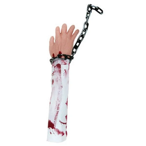 Severed Arm with Chain and Bloody Sleeve. This prop is perfect for haunted houses, spooky displays, or adding a gruesome touch to your costume. It includes a light skinned hand attached to a bloody white sleeved arm, with a chain around the wrist. Measures about 17in long x 4.75in wide.