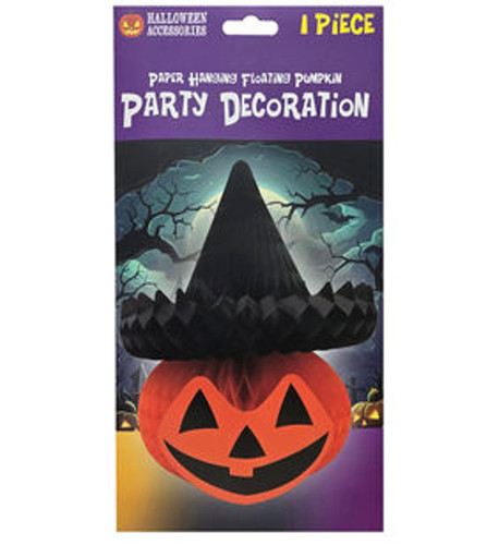 Hanging Honeycomb Jack O Lantern Witch. When expanded, this orange honeycomb pumpkin has a printed paper cutout of a jack o lantern face, and is topped with a black honeycomb witch hat. Measures 11in tall x 9.4in in diameter.