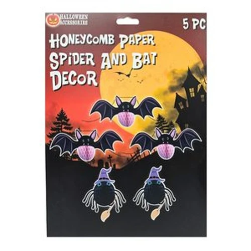 Honeycomb Bats & Spiders Hanging Decorations. These paper decorations feature black bats with purple honeycomb bodies and black honeycomb spiders wearing purple witch hats and holding tiny brooms. Package includes 5 count decorations total, 3 count bats measuring 12in x 5.25in, and 2 count witch spiders measuring 8in x 10in. Some assembly required.