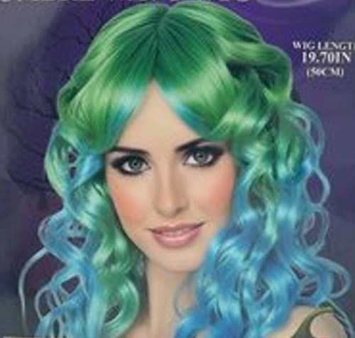 Green & Blue Ombre Wavy Wig. This long synthetic green wig features a wavy design with ends having a blue color. Great for mermaid, fairy, siren costumes, and more! Measures about 19.7in long. One size fits most adults.