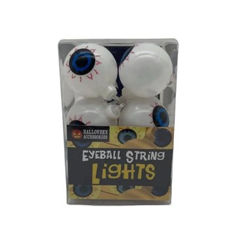 Mini Eyeball String Lights. These 10 white plastic mini eyeball shaped LED lights feature blue irises and red veins, and are perfect for decorating a small tabletop tree. Requires 2 AA batteries, not included.