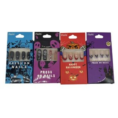 Halloween Press on Nail Set. These acrylic nails include iconography such as monsters, ghosts, and bats. Desired style not guaranteed. Package includes 12 count nails.