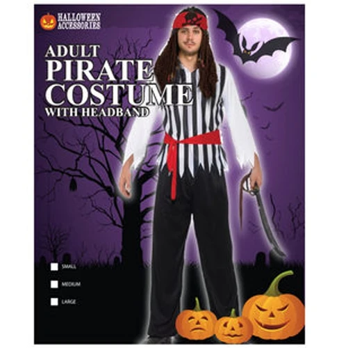 Adult Classic Pirate Costume. This set includes a ragged black and white striped long sleeve shirt, black pants, a red sash belt, and a red headband. Prop sword not included. Available in adult sizes Small, Medium, and Large.
