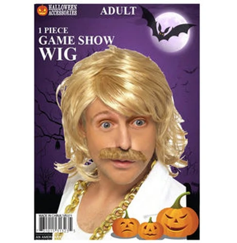 Blonde Game Show Host Wig and Moustache. This shiny, blonde, synthetic hair wig features a natural hairstyle measuring about 9in with a stick on matching moustache. One size fits most adults and older teens.