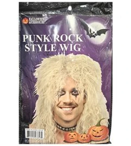Punk Rock Wig. This blonde synthetic wig features a wild punk design. Measures about 17.71in long. One size fits most.