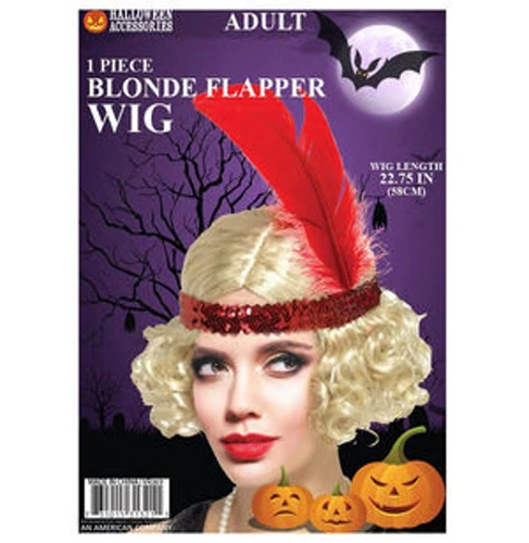 Blonde Flapper Wig With Headband. This short, synthetic blonde hair wig features a classic flapper curly hairstyle with a red sequin headband and red feather. One size fits most adults.