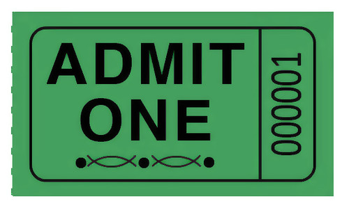 Single Ticket Roll. These green perforated paper tickets feature “Admit One” printed in black with consecutive numbers. Includes 2000 – 1.75in x 1in tickets.