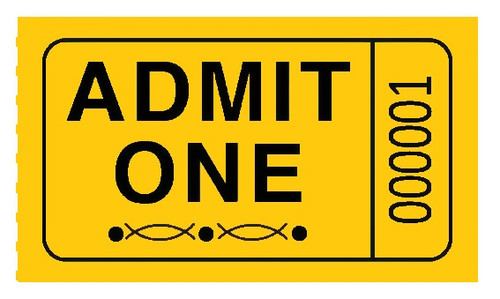 Single Ticket Rolls - Yellow. These perforated paper tickets feature “Admit One” printed in black with consecutive numbers. Includes 2000 – 1.75in x 1in tickets.
