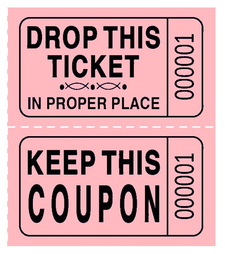 Double Ticket Rolls - Light Pink. These perforated paper tickets feature “DROP THIS TICKET IN PROPER PLACE” on one half and “KEEP THIS COUPON” on the other half. Package includes 2000 - 1.75in x 1.75in tickets.