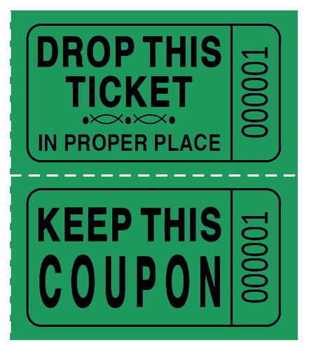 Double Ticket Rolls - Dark Green. These perforated paper tickets feature “DROP THIS TICKET IN PROPER PLACE” on one half and “KEEP THIS COUPON” on the other half. Package includes 2000 - 1.75in x 1.75in tickets.
