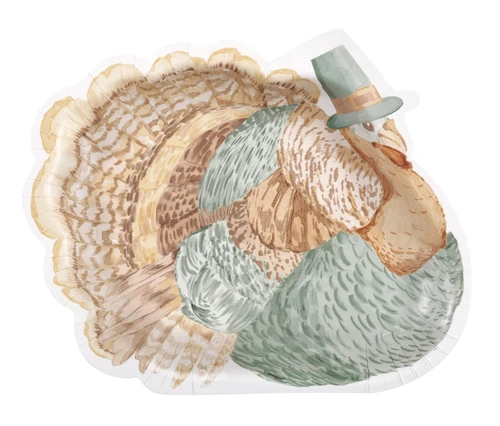 Family Thanksgiving Turkey Shaped Plates. These paper plates are shaped like a turkey viewed from the side with muted colors, wearing a pilgrim hat. Package includes 8 count plates measuring 9in x 7.4in.