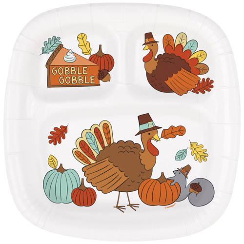 Playful Turkey Divided Plates. These rounded white rectangle shaped paper plates showcase cute cartoon turkeys, a squirrel, pumpkins and foliage, and a slice of pie with the text "GOBBLE GOBBLE" within one large section and two smaller sections. Package includes 8 count plates measuring 8.5in x 9.25in.