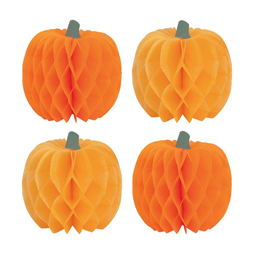 Family Thanksgiving Honeycomb Pumpkin Mini Centerpieces. These decorations feature honeycomb pumpkin shaped pieces in two shades of orange with muted green stems. Package includes 4 count decorations measuring 3in.