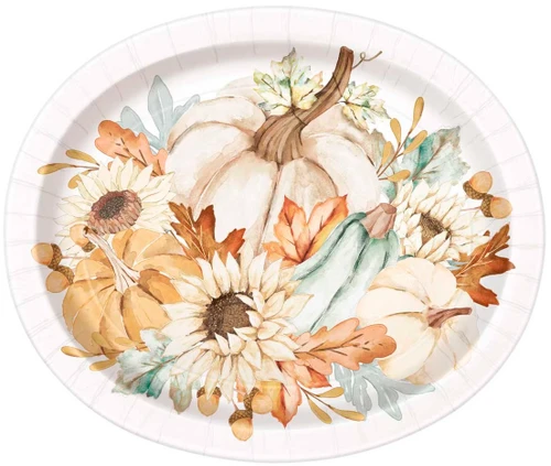 Family Thanksgiving Oval Plates. These large, white, oval shaped paper plates feature a bouquet of fall foliage and pumpkins in muted colors. Package includes 8 count plates measuring 12in.