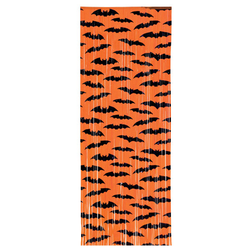 Bat Plastic Fringe Curtain. This orange 1 ply plastic fringe curtain features a pattern of black bat silhouettes. Measures 8ft tall x 3ft wide.