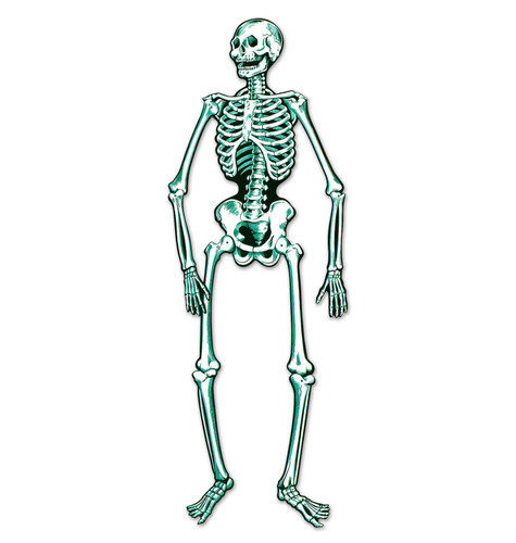 Jointed Skeleton. Made from cardstock and printed on both sides, this skeleton features movable joints connected with metal eyelets, allowing you to pose it in a variety of playful or spooky positions. Package includes a decoration measuring 4ft 7in when unfolded.