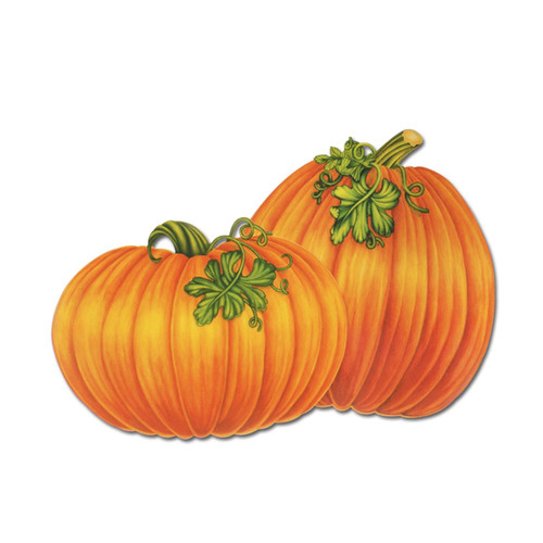 Pumpkin Cutouts. As printed cardstock with the design on both sides, these detailed orange pumpkins feature two styles, one shorter and one taller, each with a green sprig attached to its stem. Package includes 4 count decorations measuring about 15.5in. (pumpkins are single pieces and not attached together)