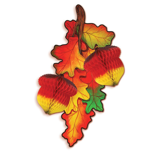 Tissue Madras Acorns. This dimensional decoration features a combination of a printed cardstock cluster of fall leaves and two honeycomb tissue paper acorns in warm colors. Package includes 1 count decoration measuring 12in.