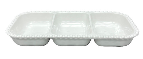 Beaded Pearl Melamine 3 Compartment Tray. This sturdy, reusable, rounded rectangle, hard plastic tray features a creamy white color with a beaded border and three sections. Package includes 1 count tray measuring about 12in long x 6in wide x 1.75in tall.
