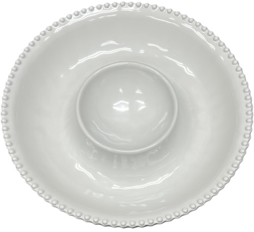 Beaded Pearl Melamine Chip N Dip Platter. This sturdy, reusable, round, hard plastic tray features a creamy white color with a beaded border and section in the middle. Package includes 1 count platter measuring about 13.5in in diameter x 2in tall.