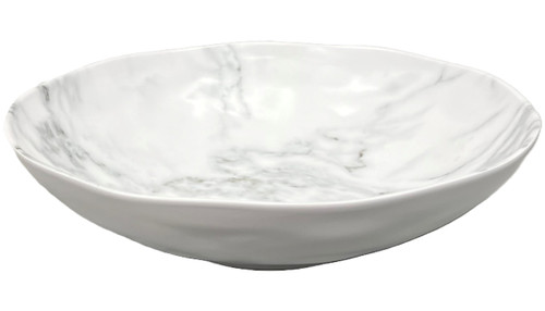 Melamine Marble Serving Bowl. This sturdy, reusable, slightly organically round, hard plastic bowl features a white marble finish. Package includes 1 count bowl measuring about 12in in diameter x 3.1in tall.