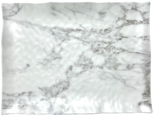 Melamine Marble Serving Tray. This sturdy, reusable, hard plastic tray features a white marble finish. As an organic rectangle shape, it resembles the appearance of marble. Package includes 1 count tray measuring about 16in in x 12in.