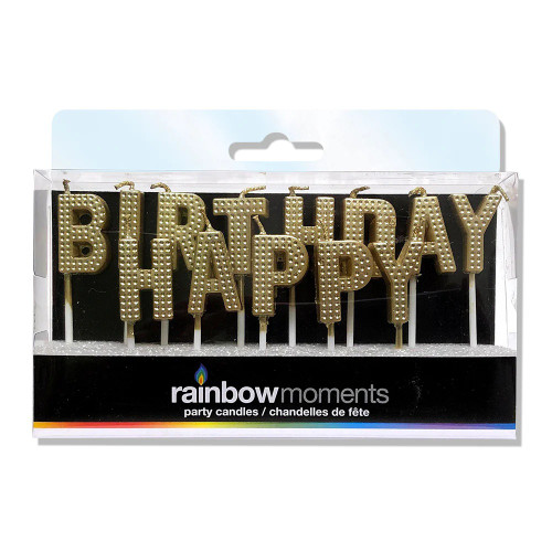 Gold Marquee Happy Birthday Candles. Embellished with a pattern of tiny circle shaped dents, these gold letter candles spell out "HAPPY BIRTHDAY." The underside is flat. Letters measure about 1in tall, with the pick about 2.25in.