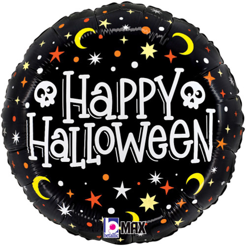 Halloween Starry Night Balloon. This black circular balloon features "Happy Halloween" in white text surrounded by stars, moons, and circle confetti in white, yellow, and orange, as well as two white skulls. Balloon is approximately 18 inches after inflation.