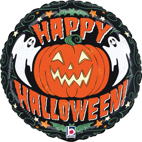 Vintage Halloween Balloon. This black circular balloon features "HAPPY HALLOWEEN!" in orange text arching over and below a vintage Jack O Lantern, accented with white ghosts, green bats, green filigree, and orange stars. Balloon is approximately 18 inches after inflation.