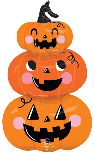 Stack O Lanterns Balloon. This shaped balloon features three smiling jack o lanterns stacked on top of each other from biggest to smallest. Balloon is approximately 34 inches after inflation.