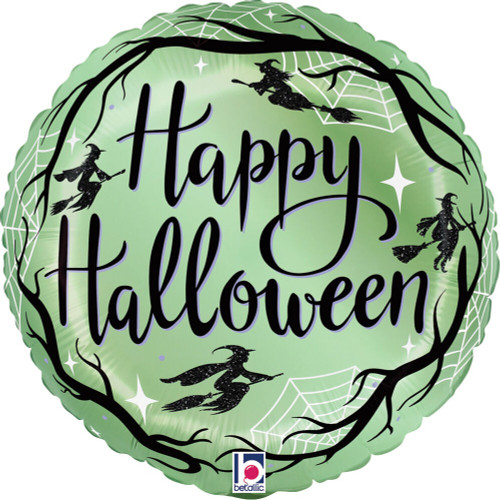 Witchy Halloween Balloon. This green circular balloon with a trim of black branches and white spiderwebs features "Happy Halloween" in black script, surrounded by black silhouettes of witches on brooms. Balloon is approximately 18 inches after inflation.