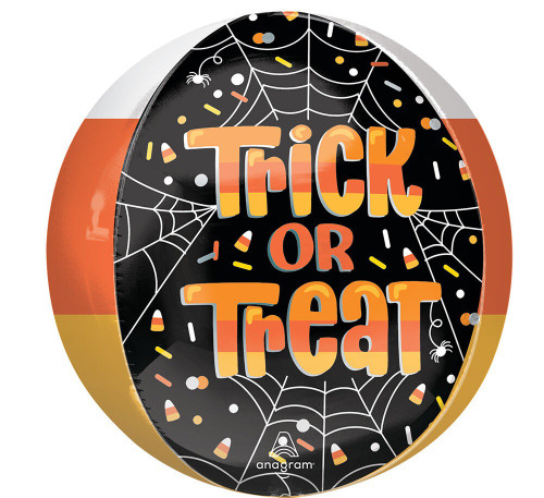 This spherical balloon features "Trick or Treat" in orange and yellow striped text on a black background, surrounded by sprinkles and candy corn as well as spider webs. Other segments have a white, orange, and yellow stripe like a candy corn. Balloon is approximately 16 inches after inflation.