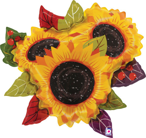 Sunflower Thanksgiving Leaves Balloon. This shaped balloon features a group of three sunflowers with colorful leaves. This balloon will inflate to approximately 33 inches.