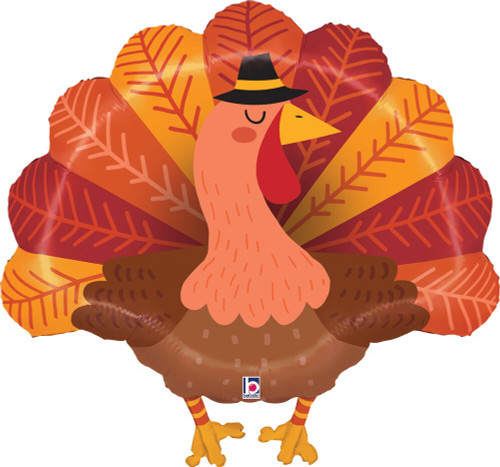 Delightful Turkey Balloon. This shaped balloon is of a brown turkey with fall color feathers and a black pilgrim hat. This balloon will inflate to approximately 28 inches.