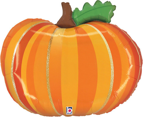 Elegant Pumpkin Balloon. This pumpkin shaped balloon features different shades of orange, a brown stem, and a green leaf. This balloon will inflate to approximately 23 inches.